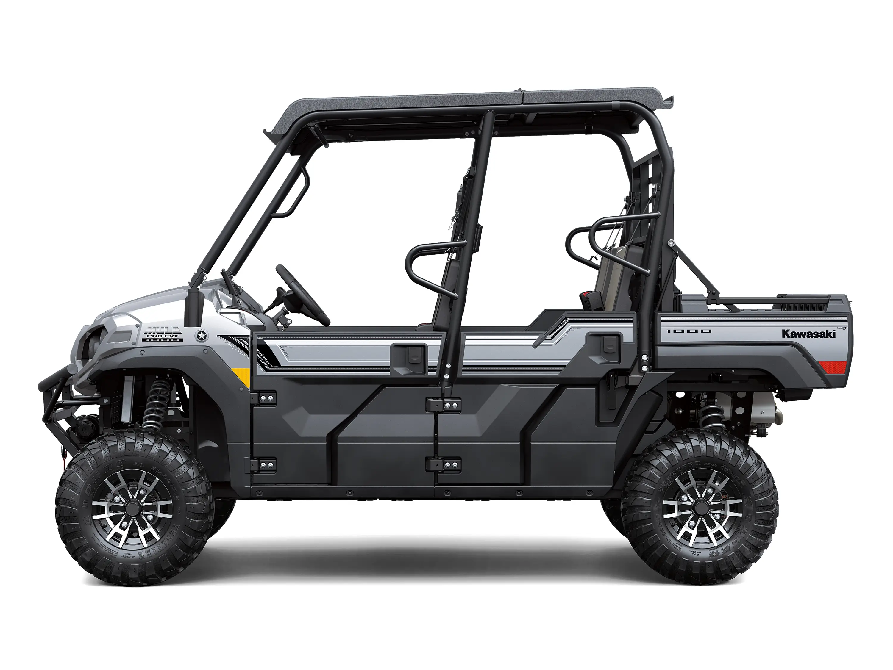 Left side view of a silver side x side staged in a white studio background.