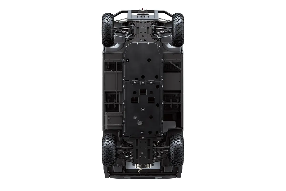 Underside view of a side x side staged in a white studio background.