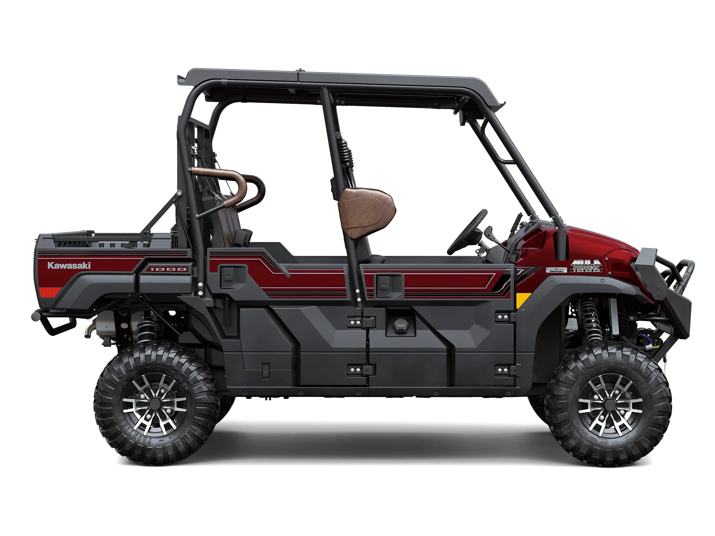 Right side view of a red side x side staged in a white studio background.
