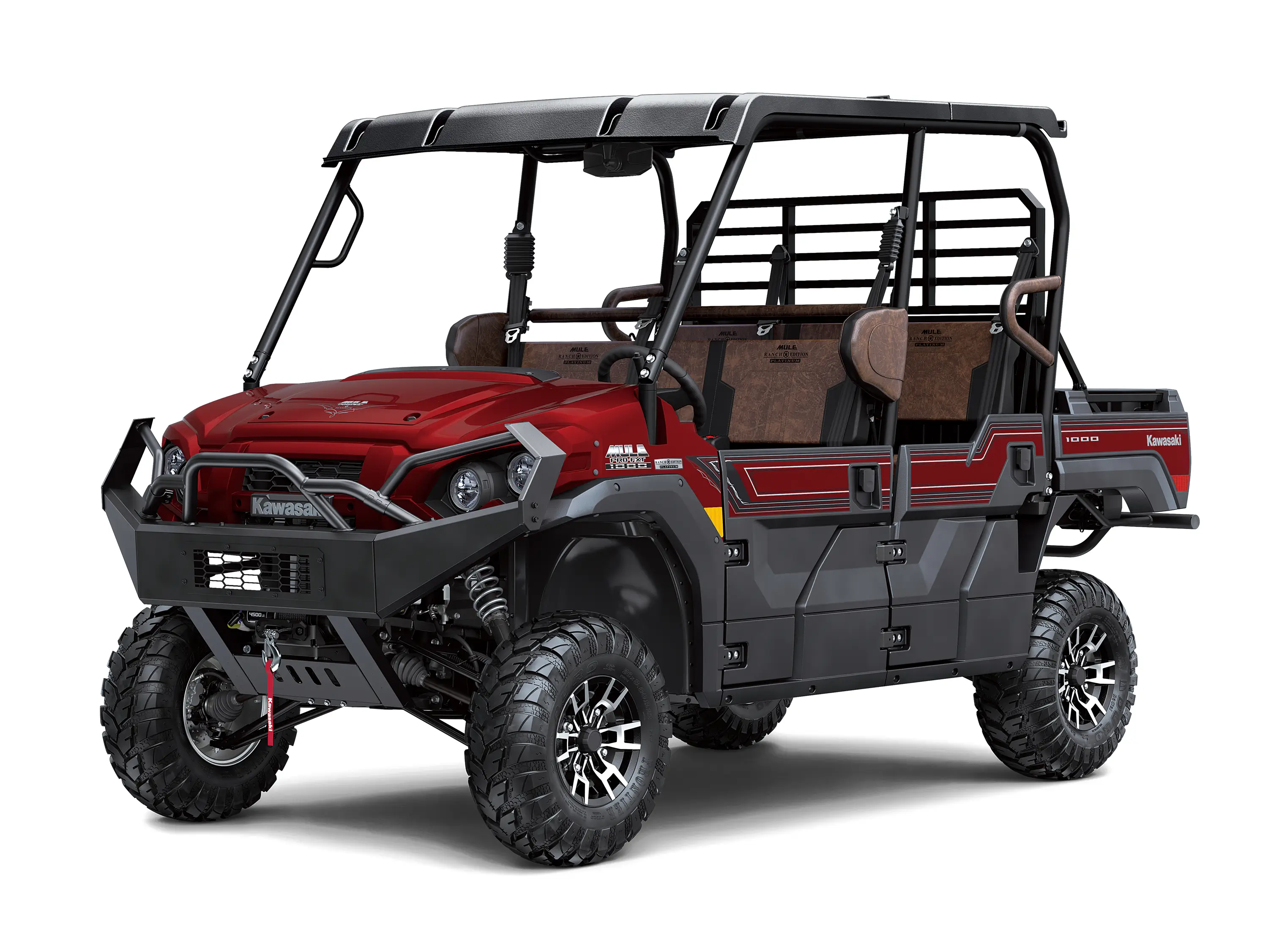 Front three-quarter view of a red side x side staged in a white studio background.