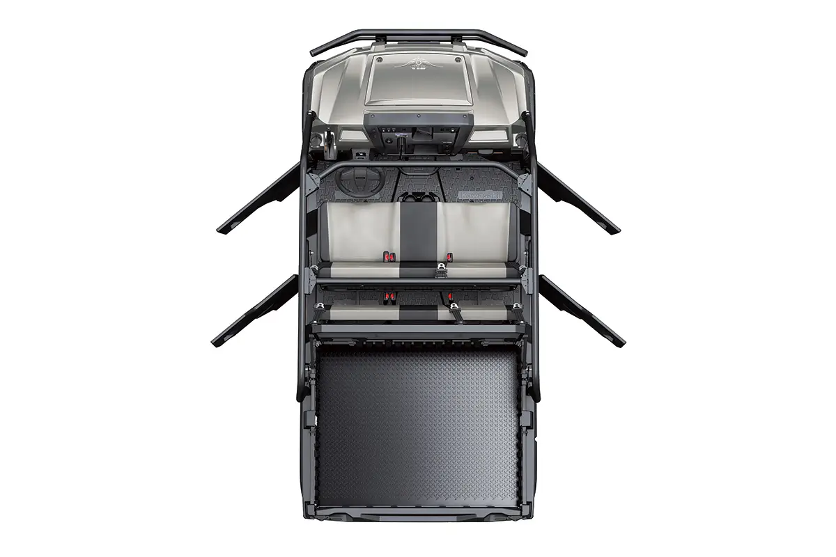 Overhead view of a side x side with four doors open staged in a white studio background.