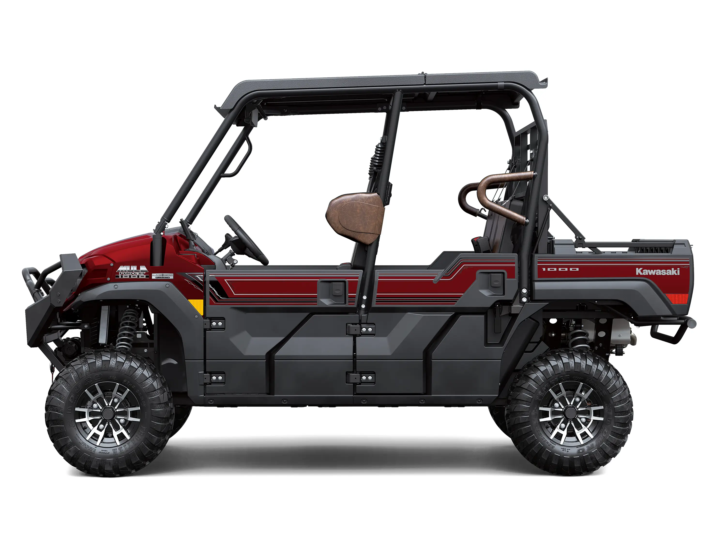 Left side view of a red side x side staged in a white studio background.