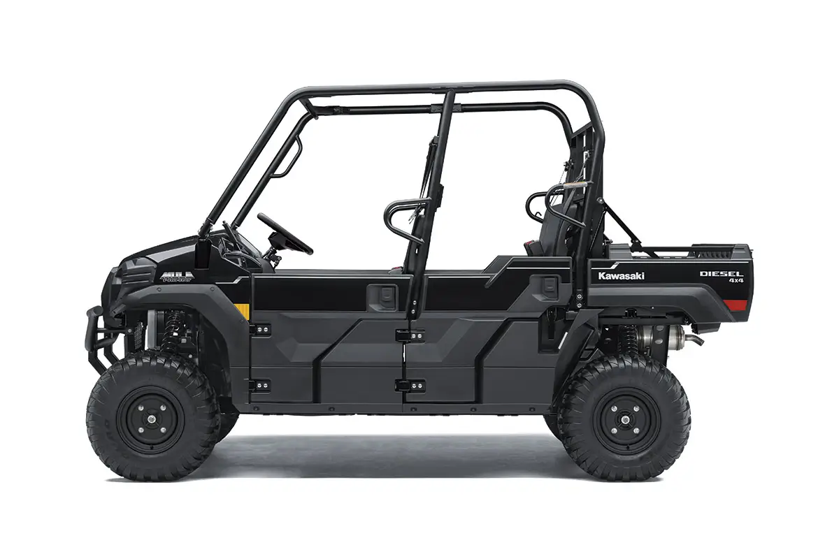 Left side view of a black side x side staged in a white studio background.