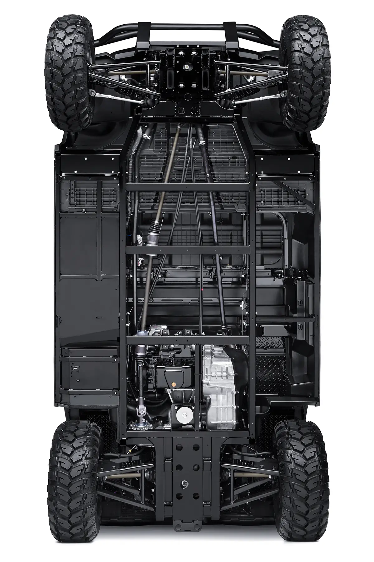 Underside view of a side x side staged in a white studio background.