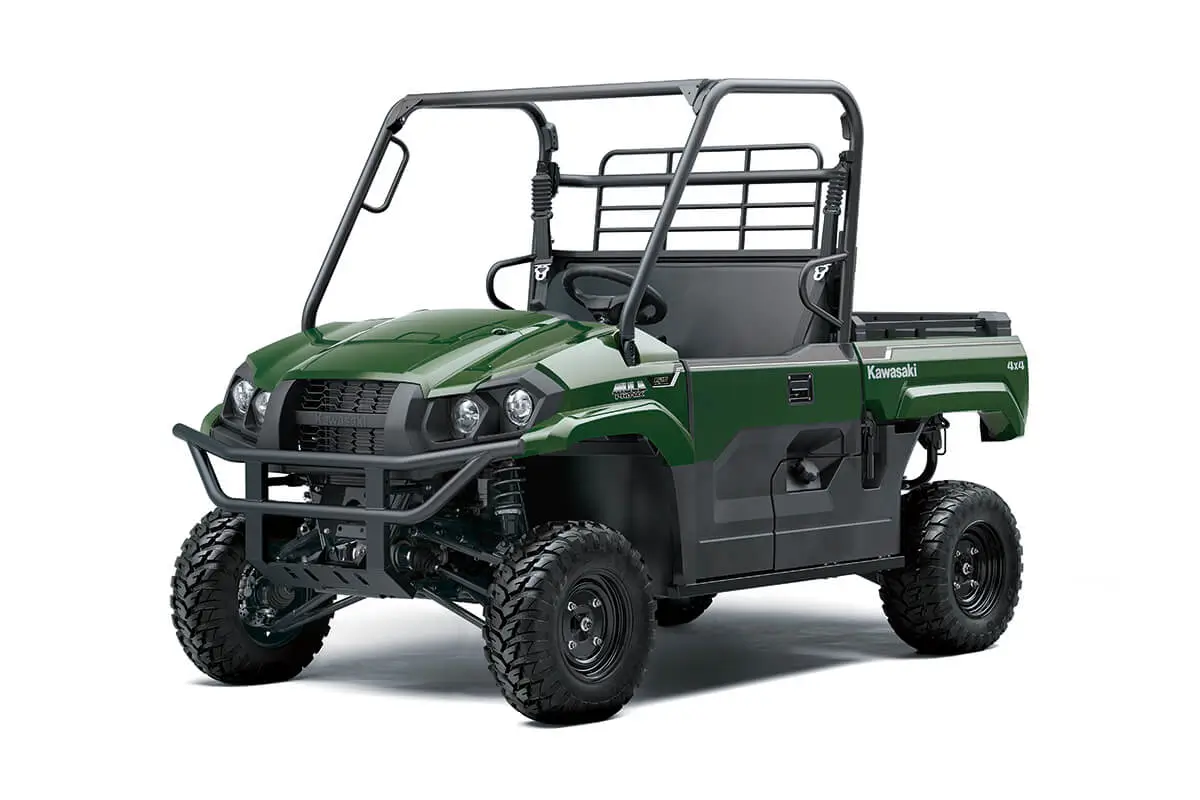 Front three-quarter view of a green side x side staged in a white studio background.