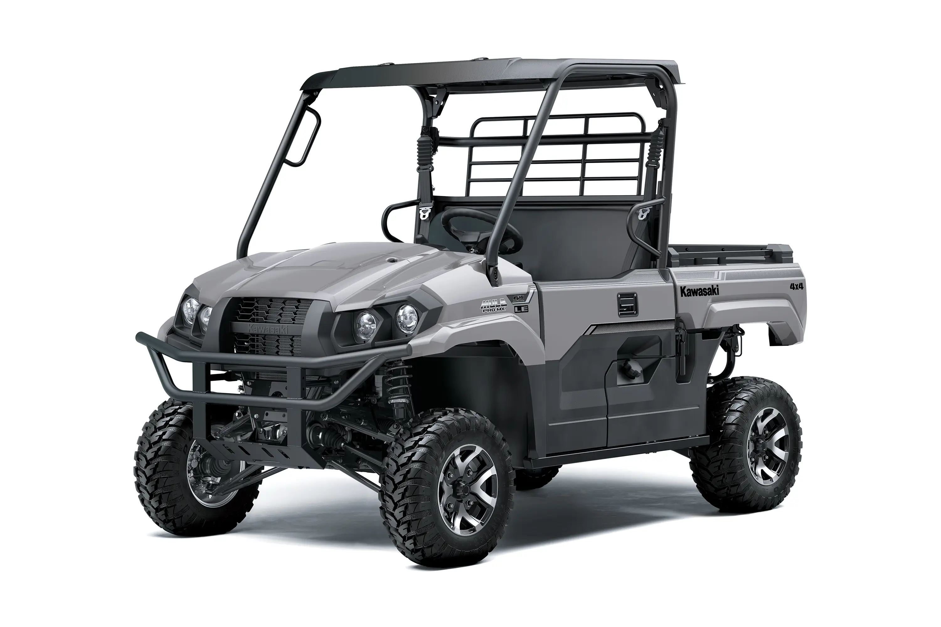 Front three-quarter view of a gray side x side staged in a white studio background.