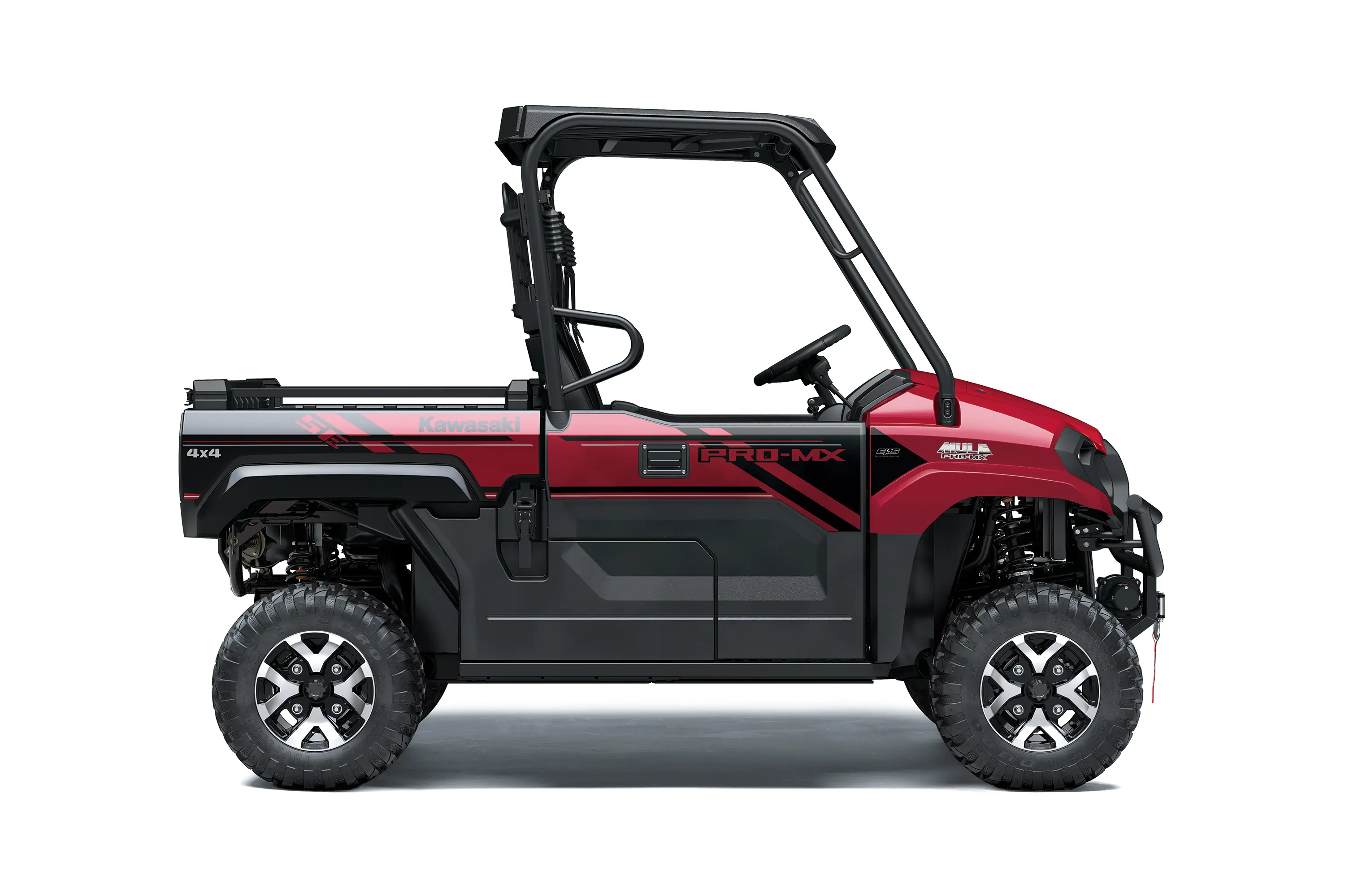 Right side view of a red side x side staged in a white studio background.