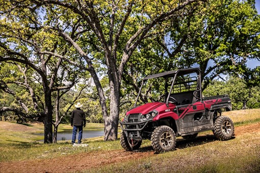Red side x side parked near trees and a pond and a person in the background. opens in a new window