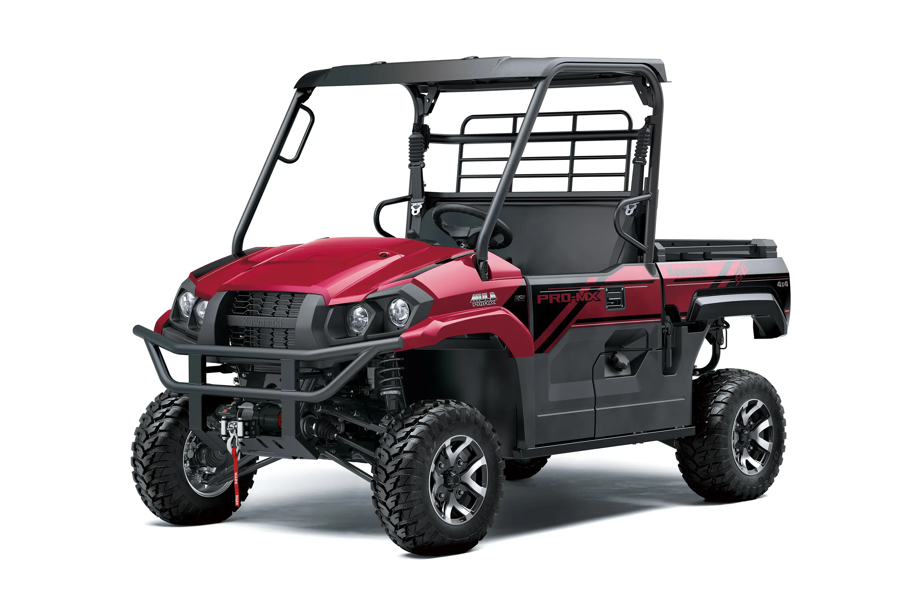 Front three-quarter view of a red side x side staged in a white studio background.