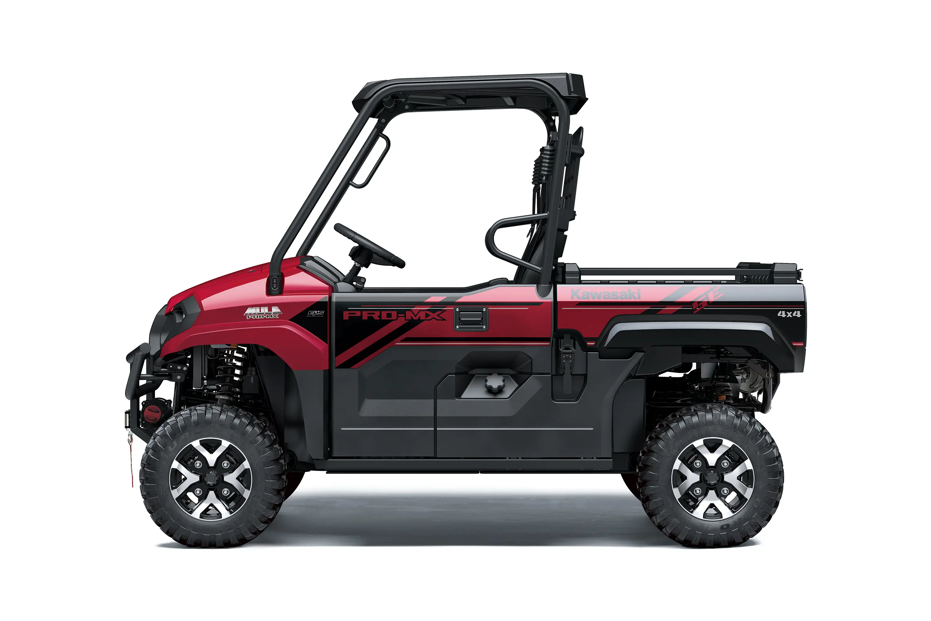 Left side view of a red side x side staged in a white studio background.