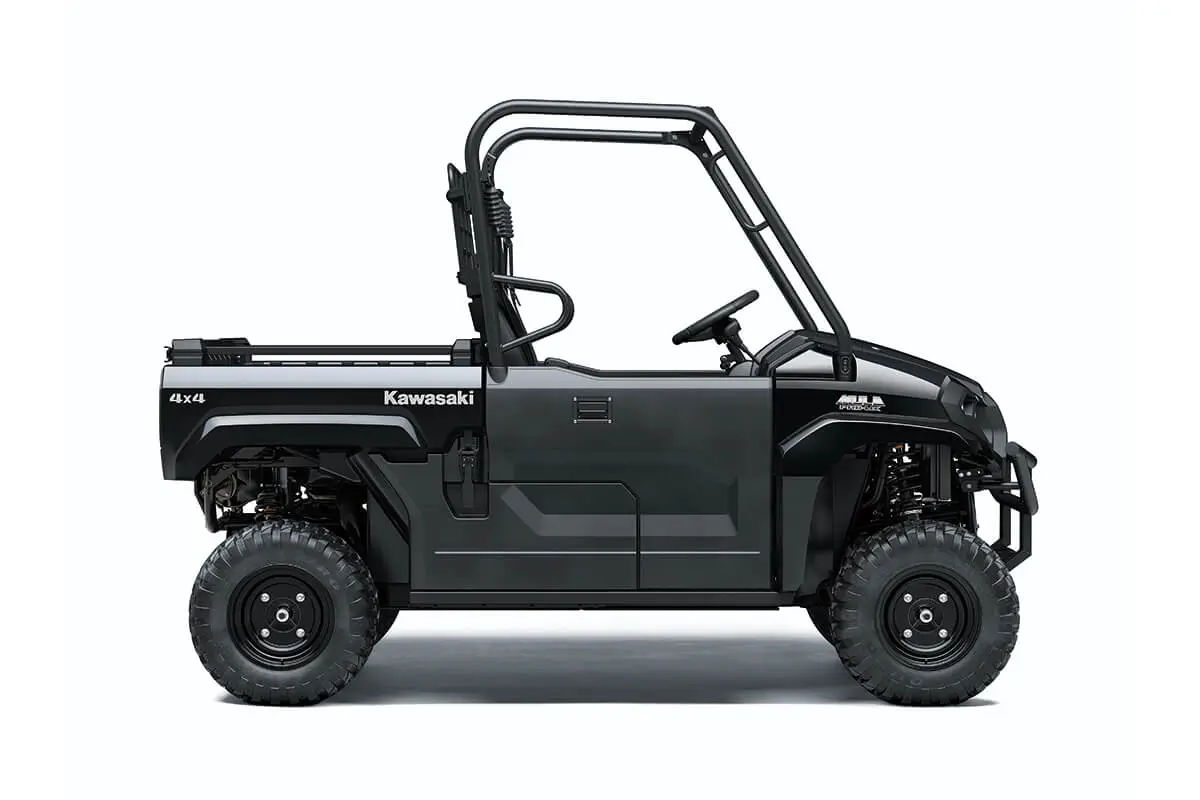 Right side view of a black side x side staged in a white studio background.