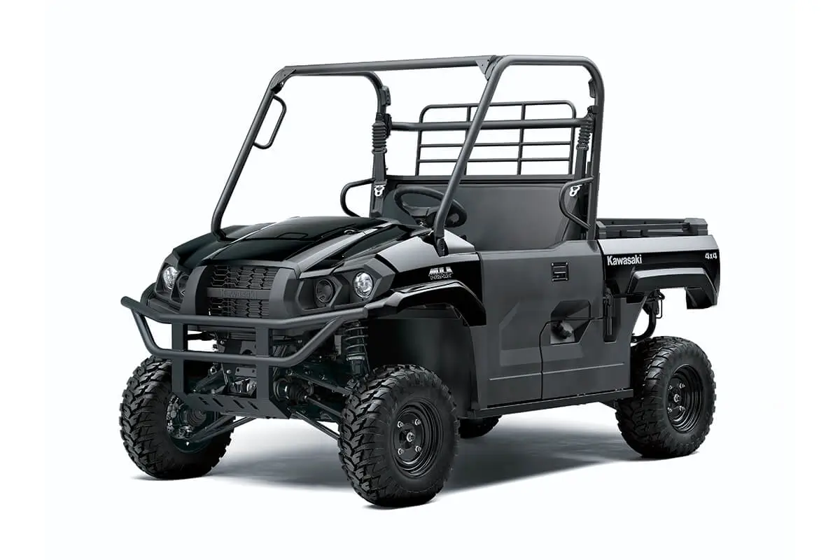 Front three-quarter view of a black side x side staged in a white studio background.