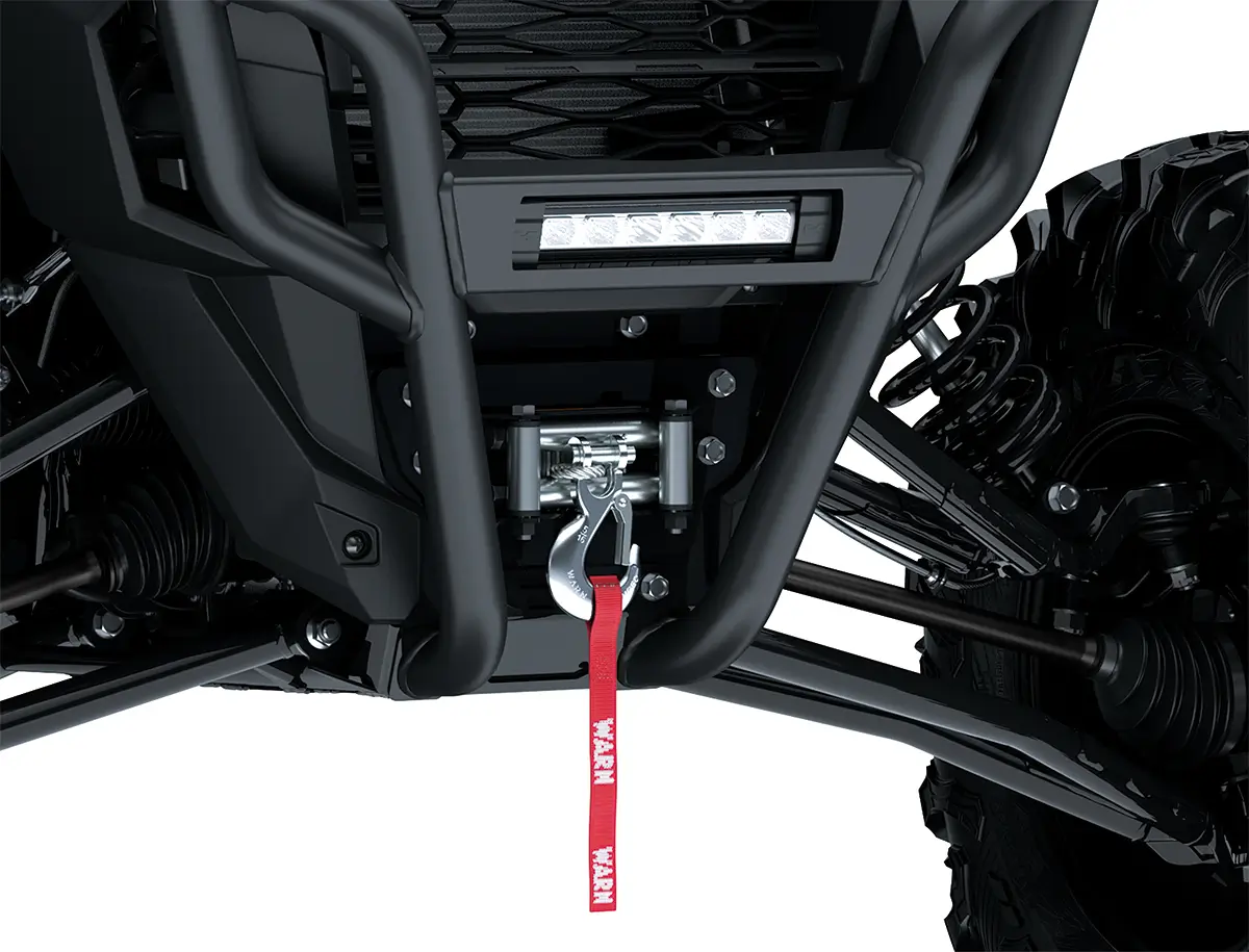Close-up of the winch of a side x side staged in a white studio background.