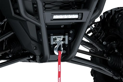 Close-up of the winch of a side x side staged in a white studio background. opens in a new window