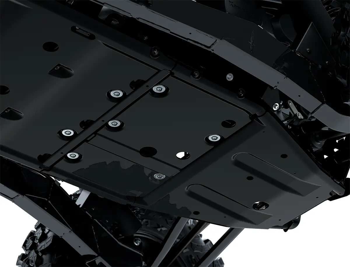 Close-up of the skid plate of a side x side staged in a white studio background.
