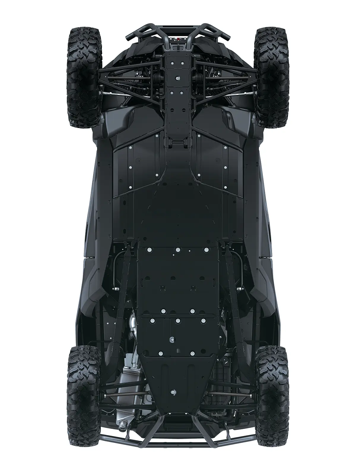 Underside view of a side x side staged in a white studio background.