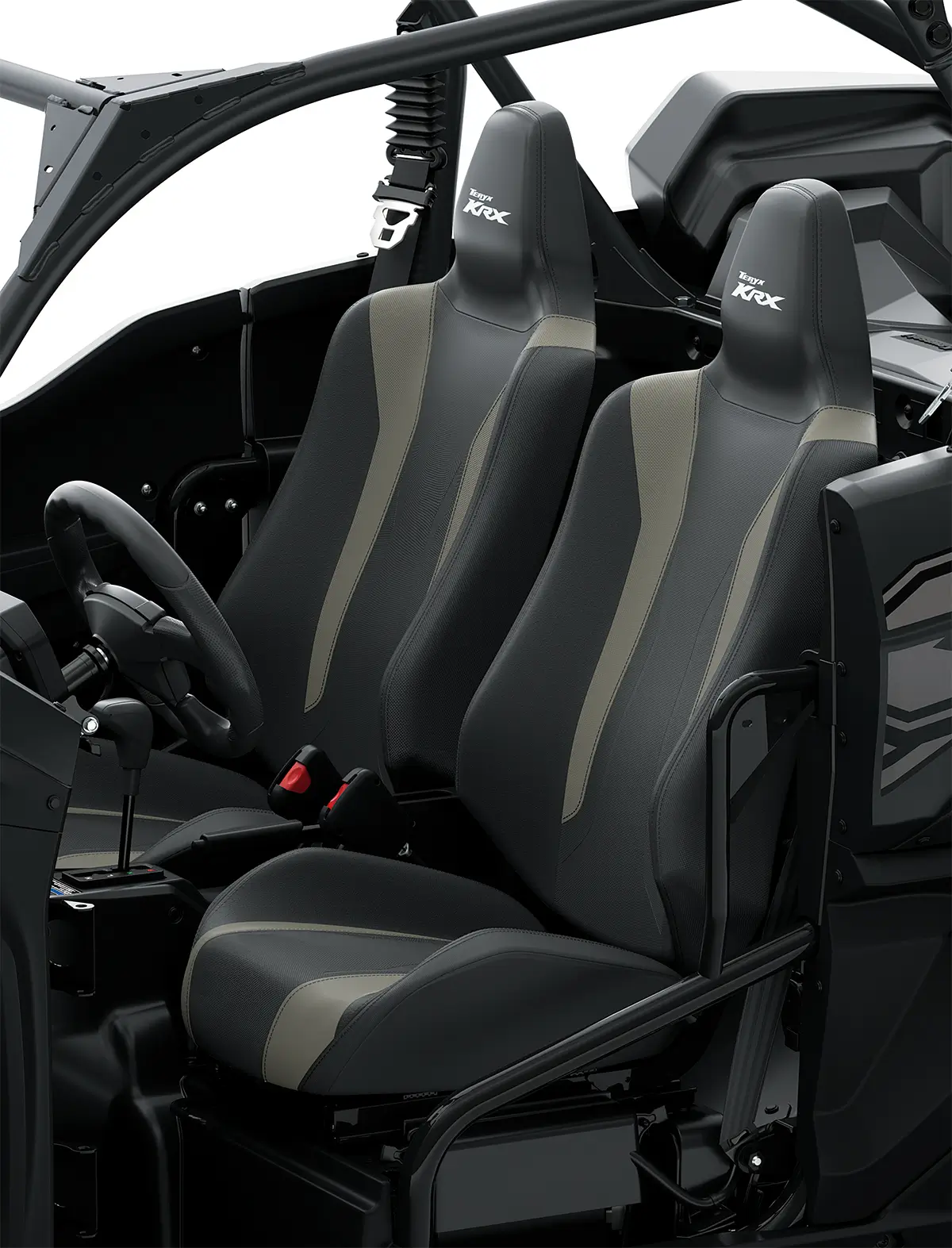 Three-quarter front angle of the two seats of a side x side staged in a white studio background.