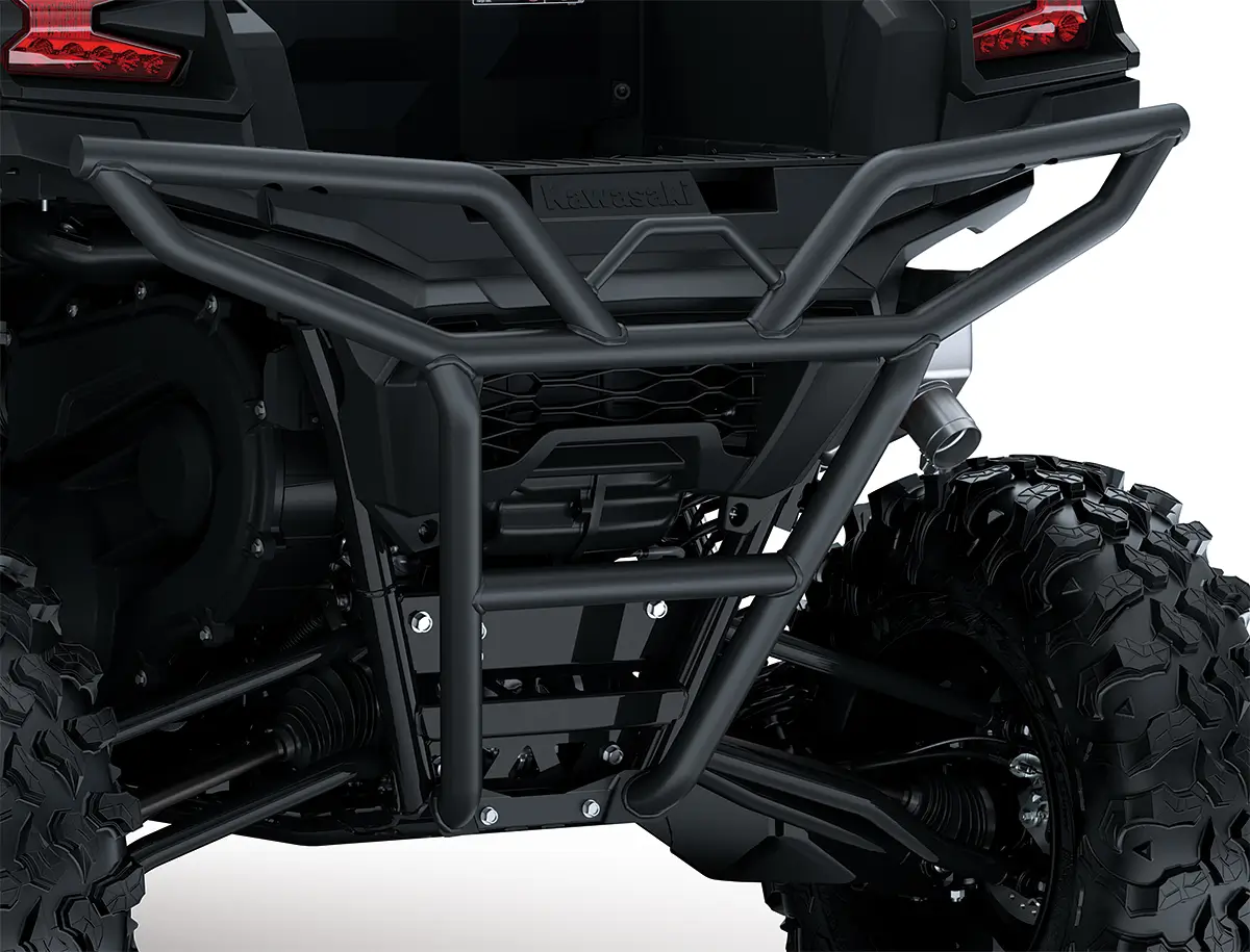 Close-up of the back end of a side x side staged in a white studio background.