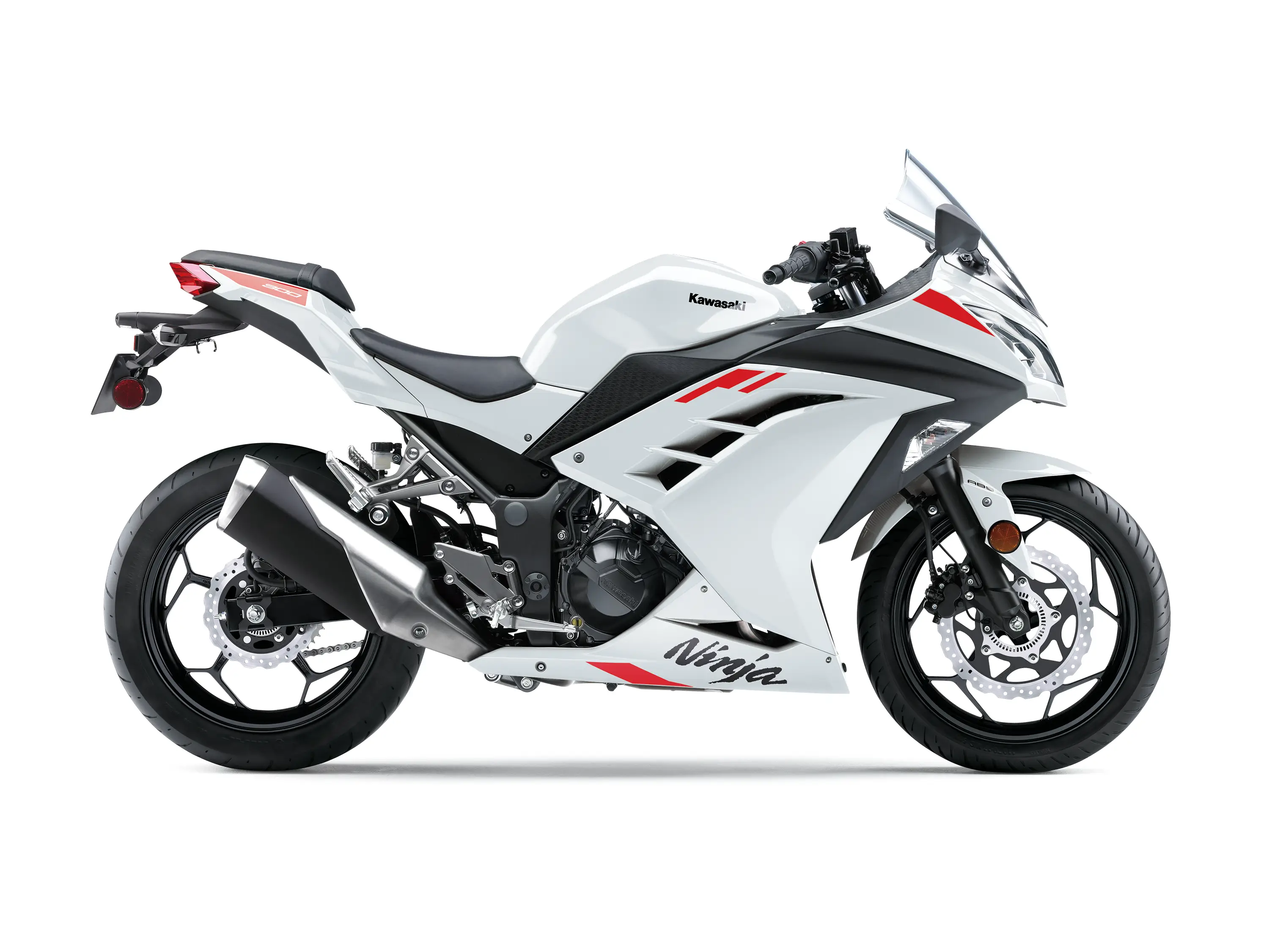 Profile angle of a motorcycle staged in a white studio background.