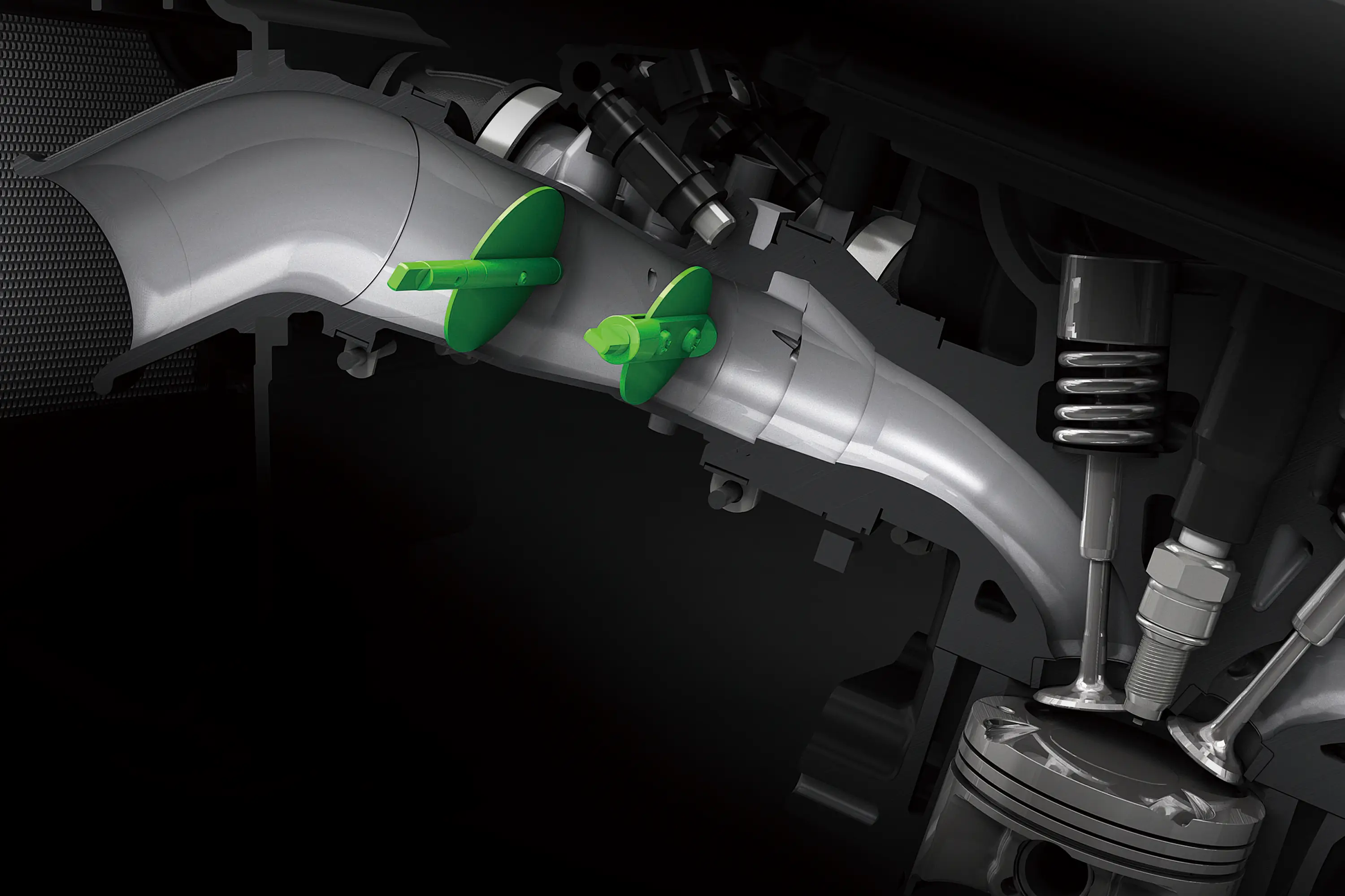Close-up view of the cylinder head and intake and exhaust valves of a motorcycle.