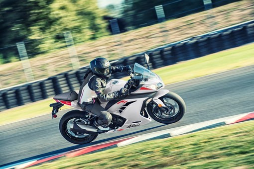 Side angle of a person riding a motorcycle on a track. opens in a new window