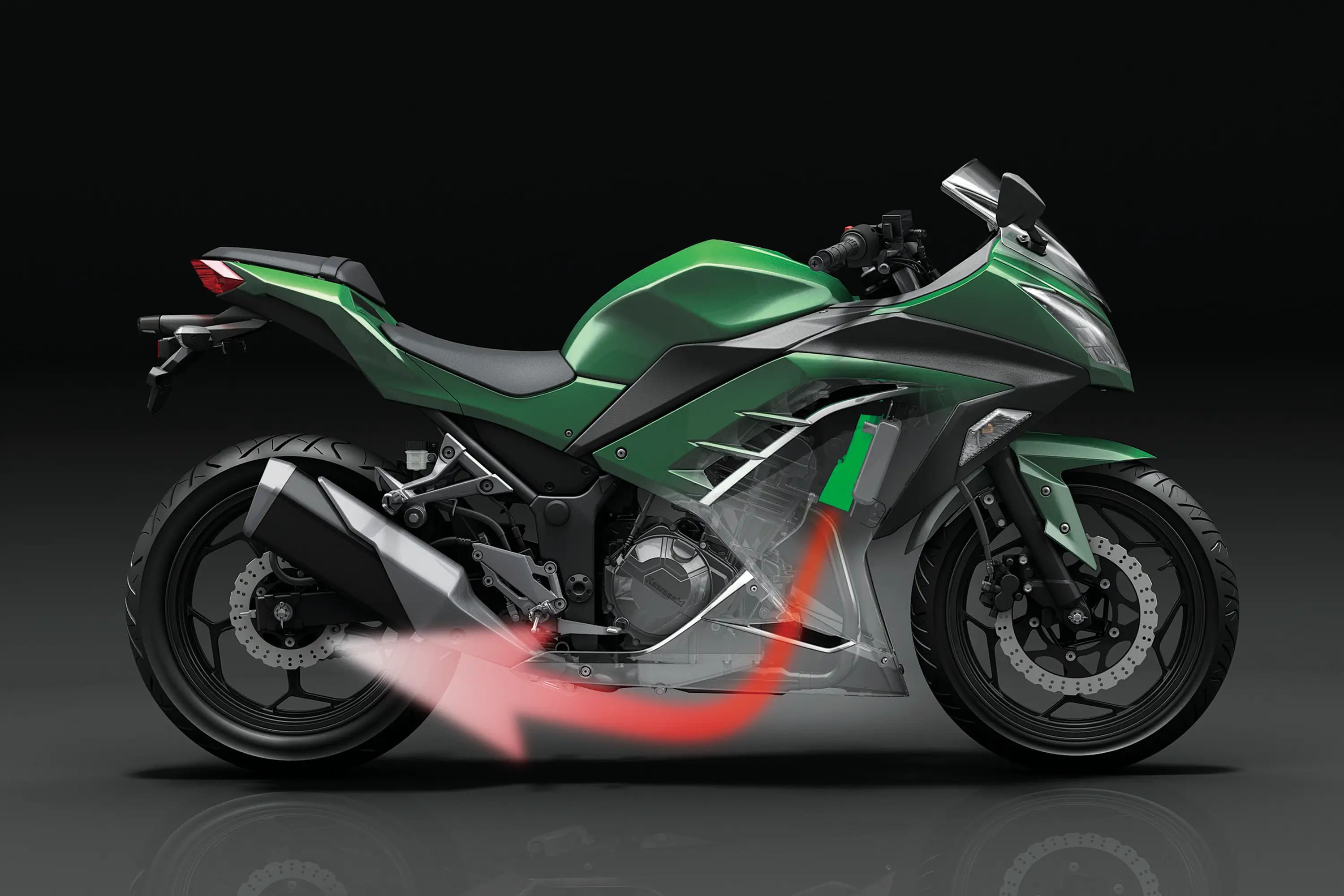 Graphic treatment showing the airflow dynamics of a motorcycle staged in a black studio background.
