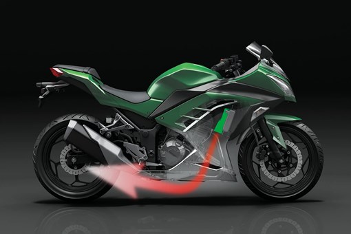 Graphic treatment showing the airflow dynamics of a motorcycle staged in a black studio background. opens in a new window