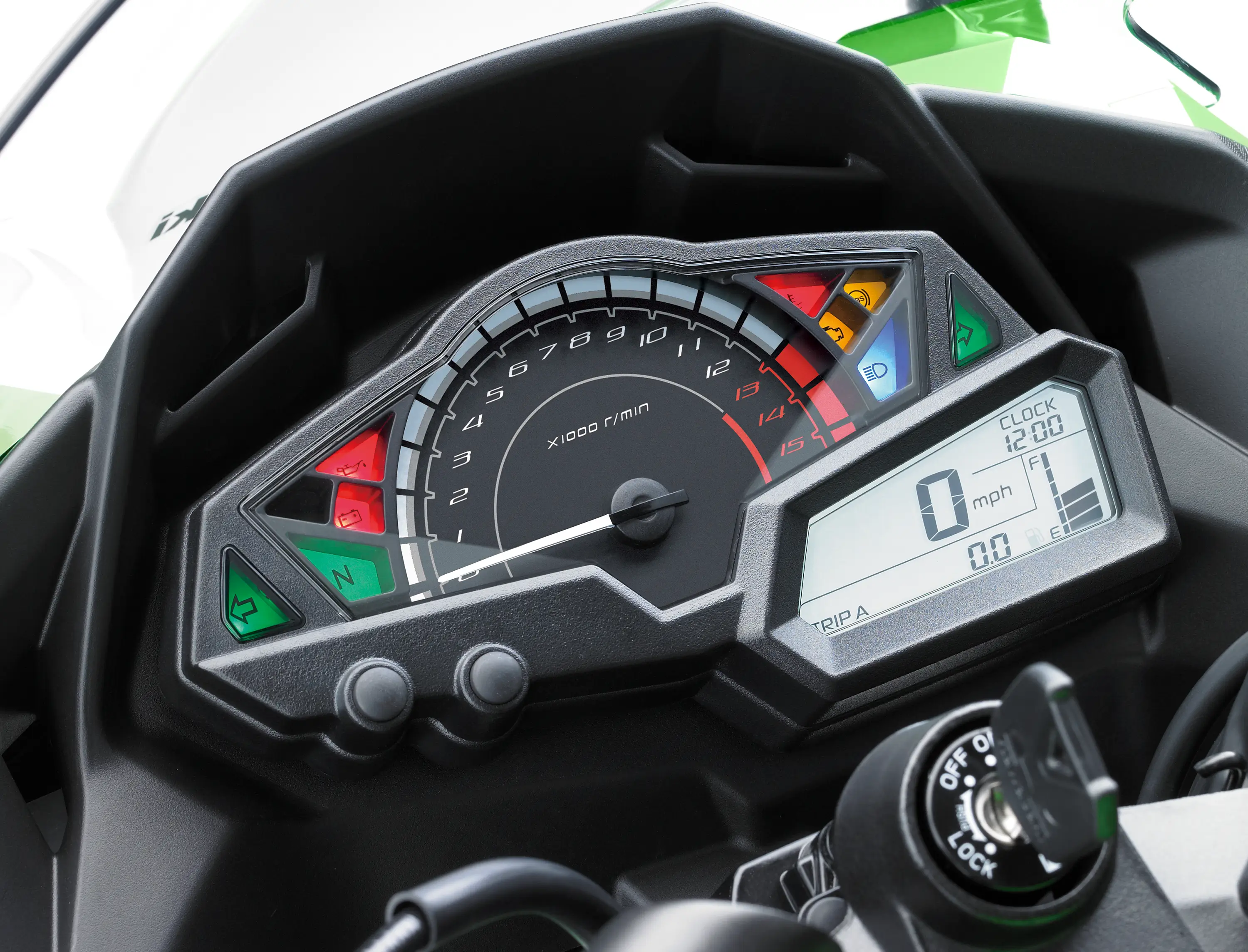 Close-up of the instrument cluster of a motorcycle staged in a white studio background.