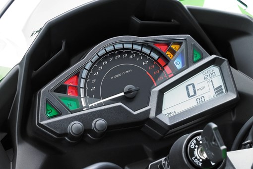 Close-up of the instrument cluster of a motorcycle staged in a white studio background. opens in a new window