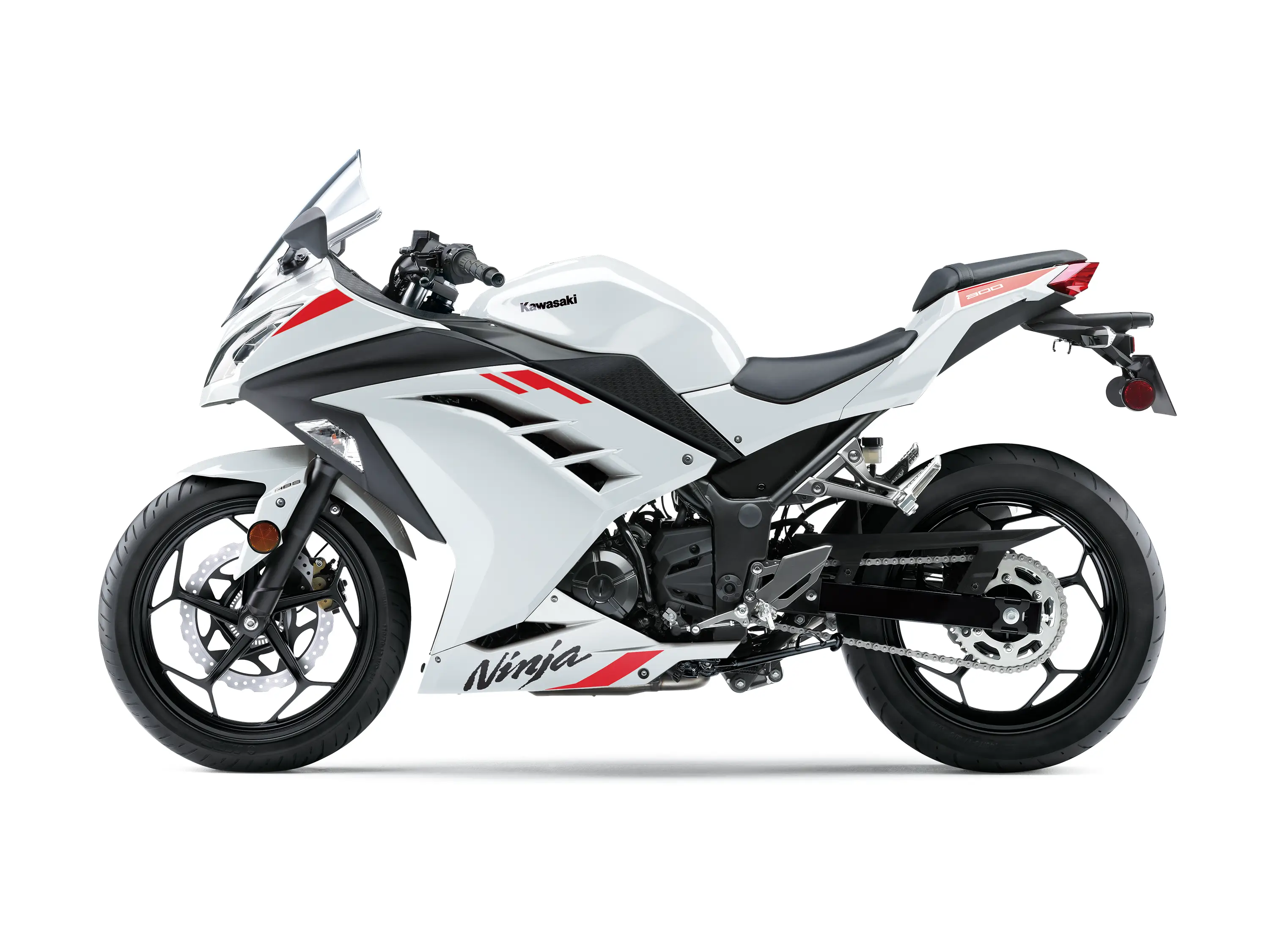 Side angle of a motorcycle staged in a white studio background.