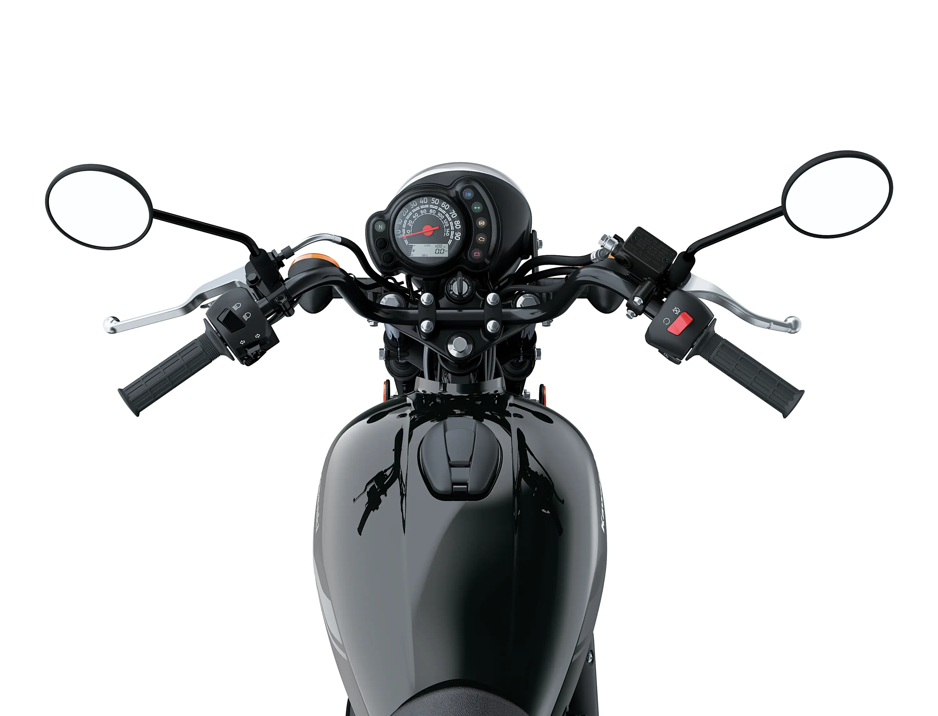 Rider POV of a motorcycle staged in a white studio background.
