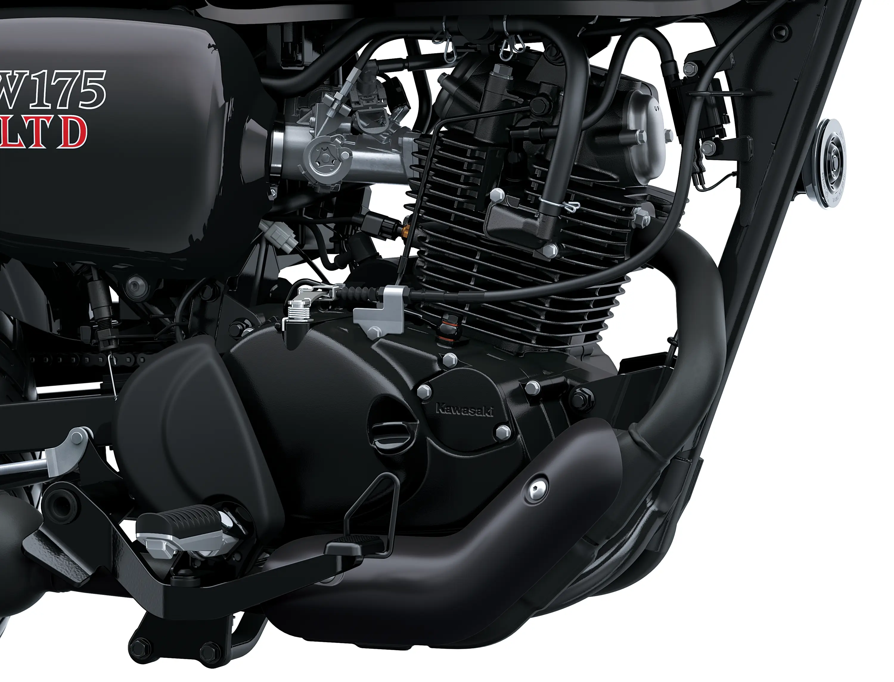 Close-up of the engine bay of a motorcycle staged in a white studio background.
