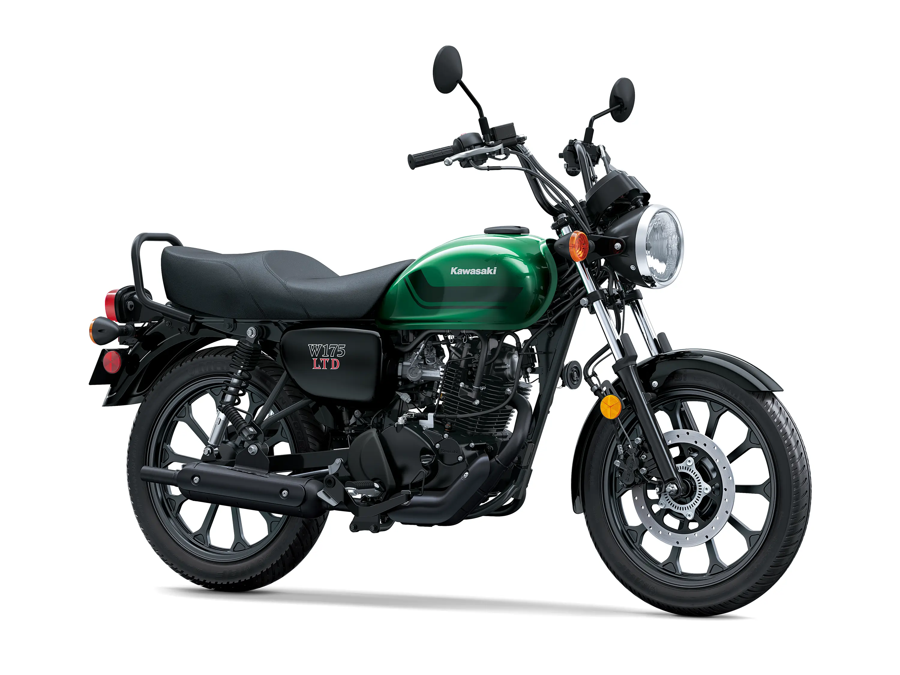 Three-quarter front angle of a green motorcycle staged in a white studio background.