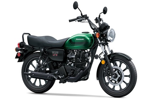 Three-quarter front angle of a green motorcycle staged in a white studio background. opens in a new window