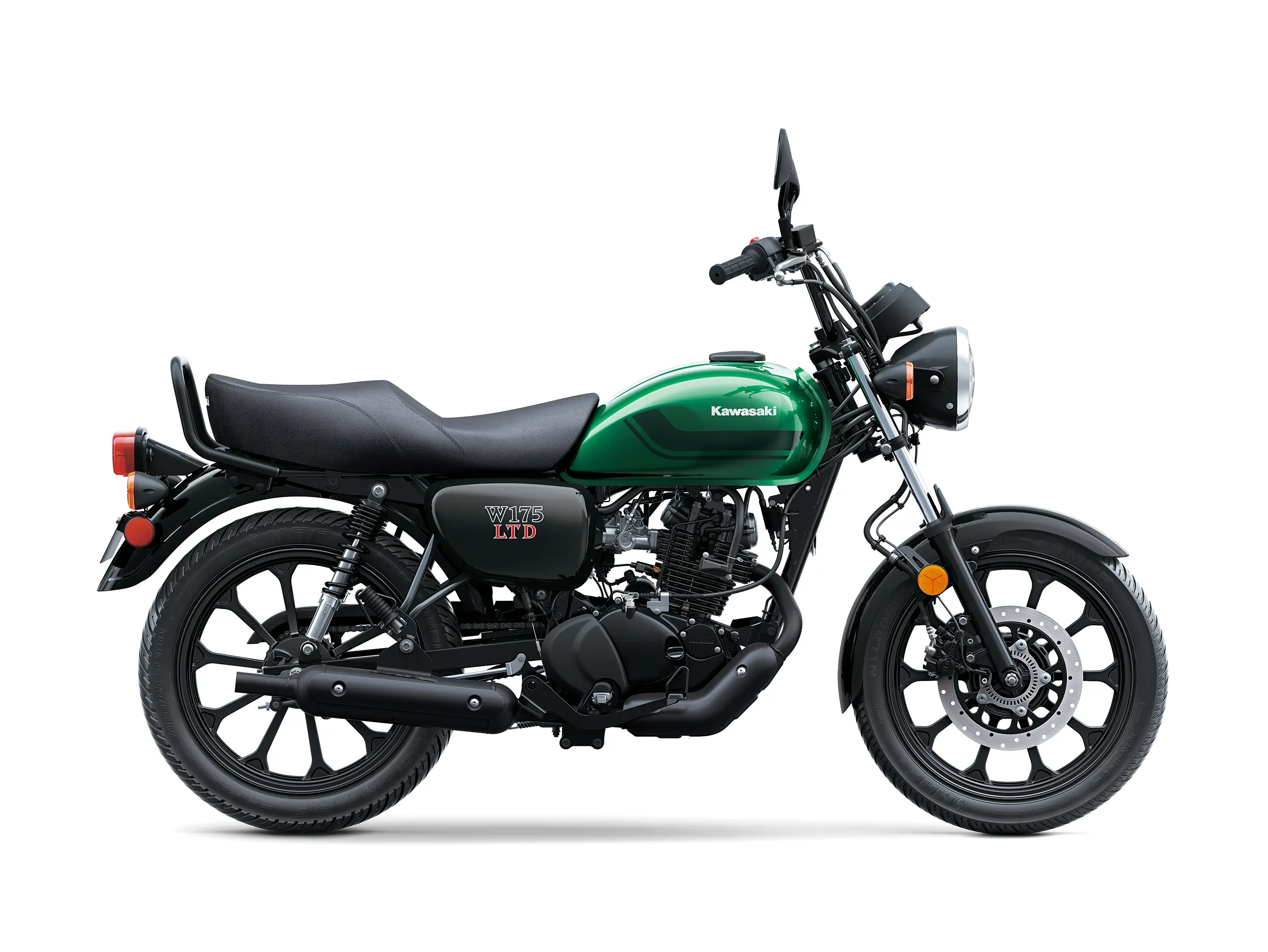 Side angle of a green motorcycle staged in a white studio background.