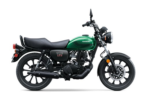 Side angle of a green motorcycle staged in a white studio background. opens in a new window