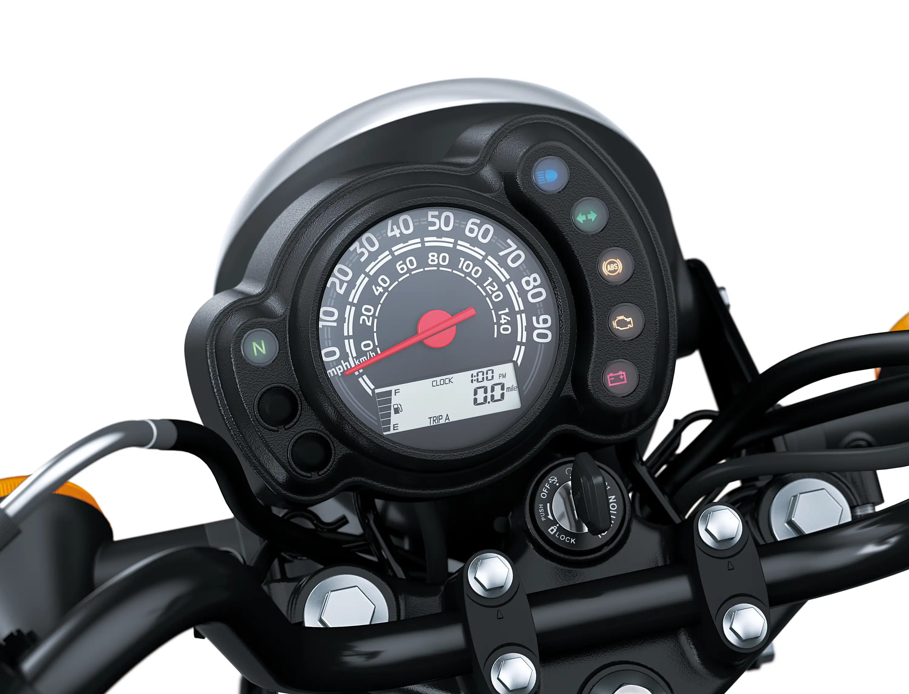 Close-up of the speedometer of a motorcycle staged in a white studio background.
