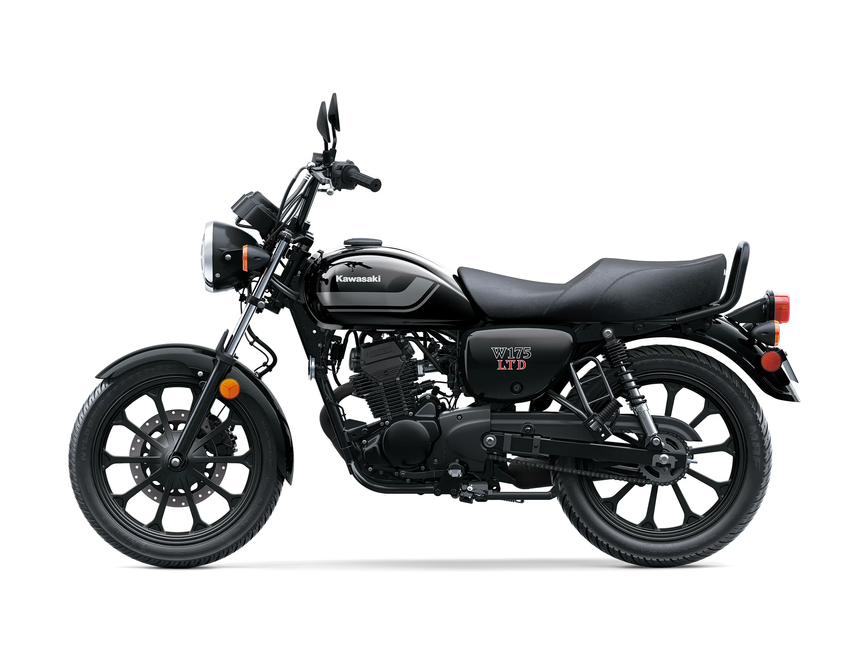 Side angle of a motorcycle staged in a white studio background.