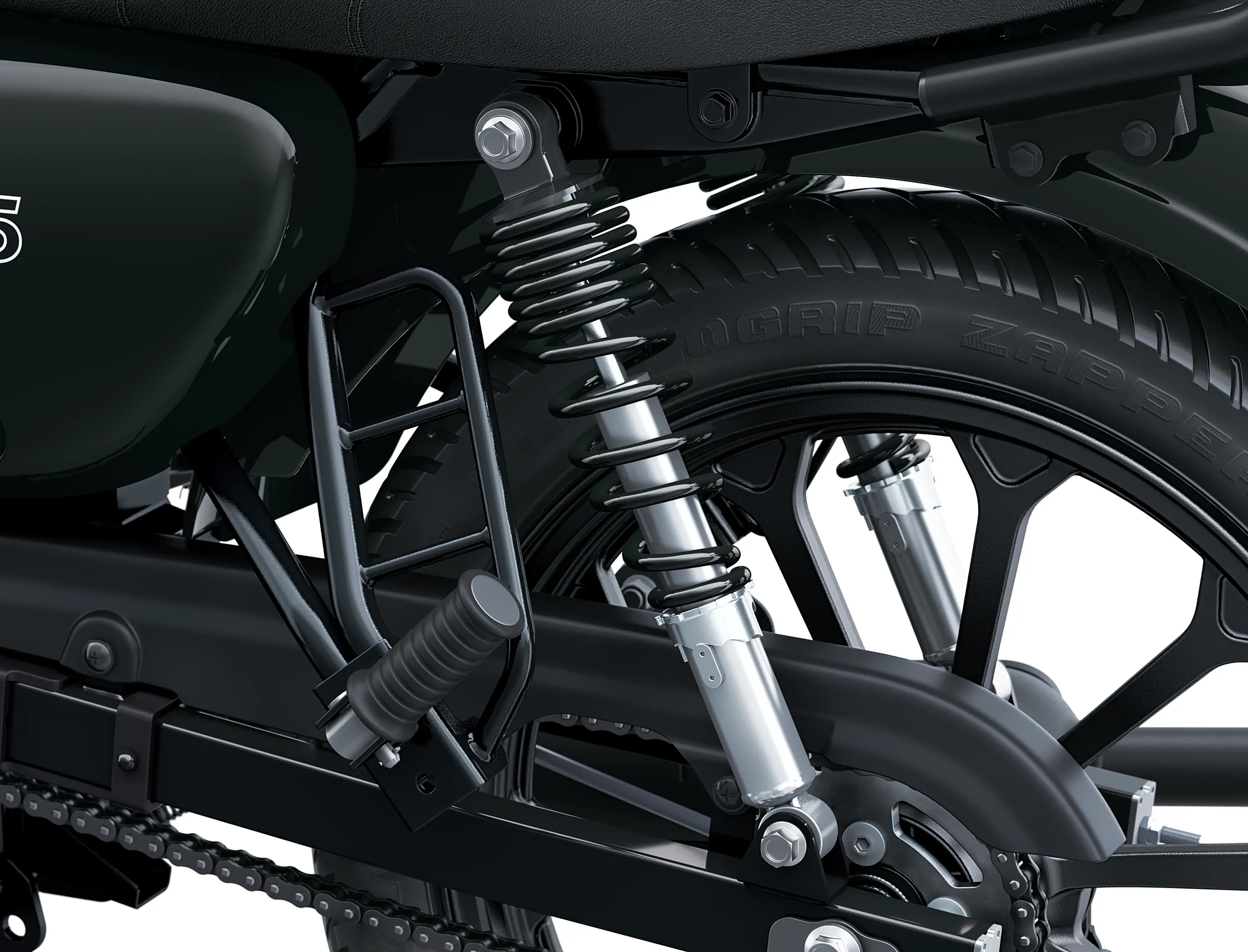 Close-up of the front shocks of a motorcycle staged in a white studio background.