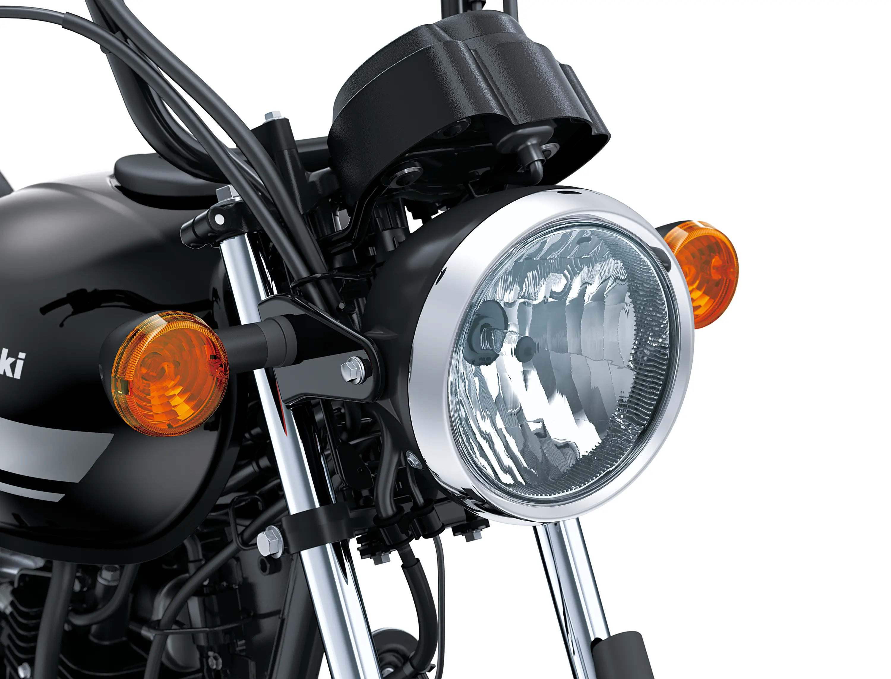 Close-up of the headlamp of a motorcycle staged in a white studio background.