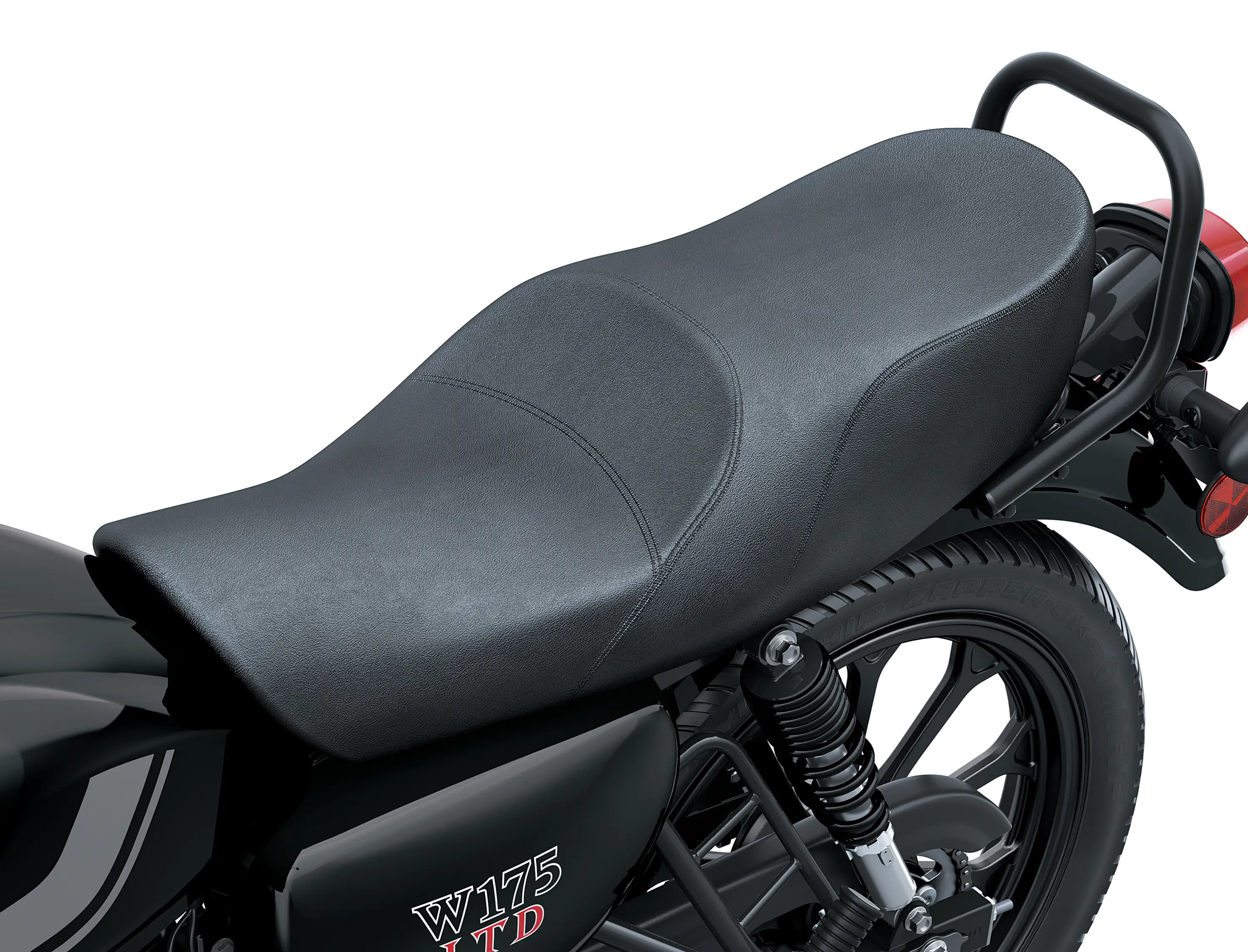 Close-up of the seat of a motorcycle staged in a white studio background.