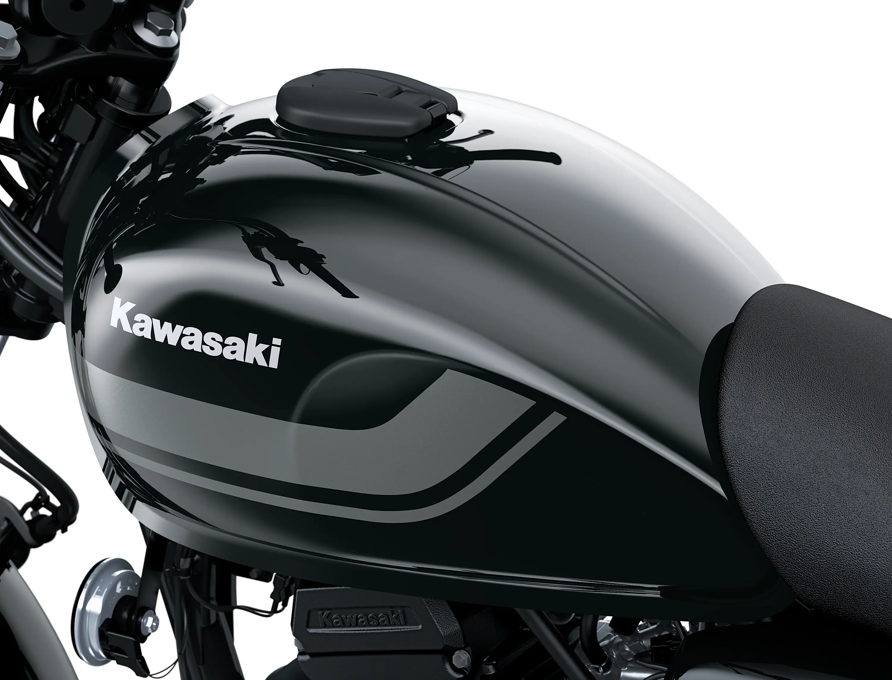 Close-up of the fuel tank of a motorcycle staged in a white studio background.