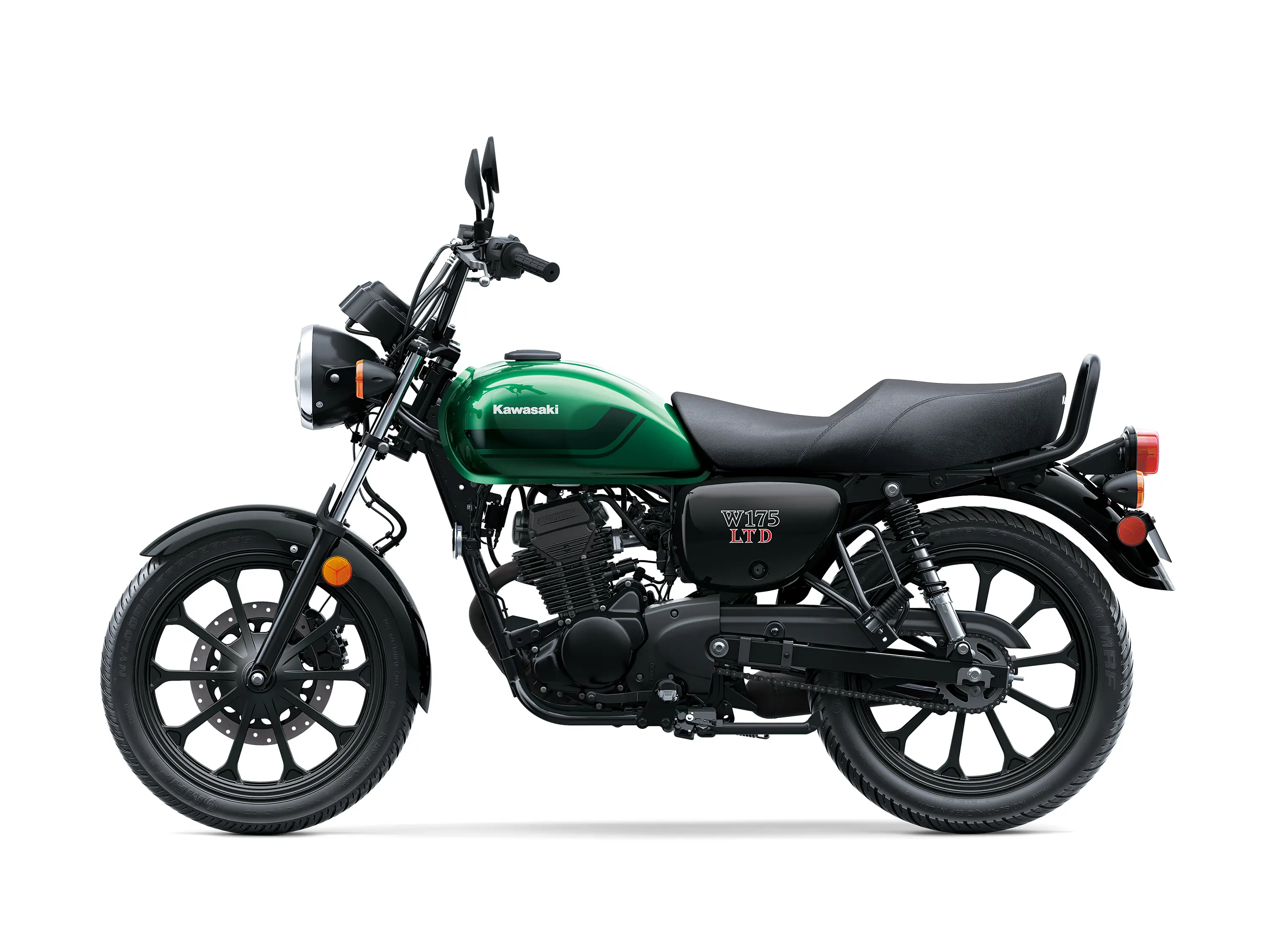 Profile angle of a green motorcycle staged in a white studio background.