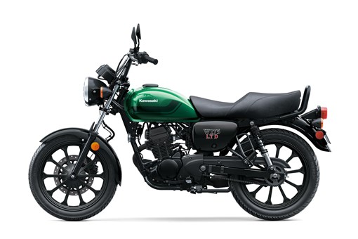 Profile angle of a green motorcycle staged in a white studio background. opens in a new window