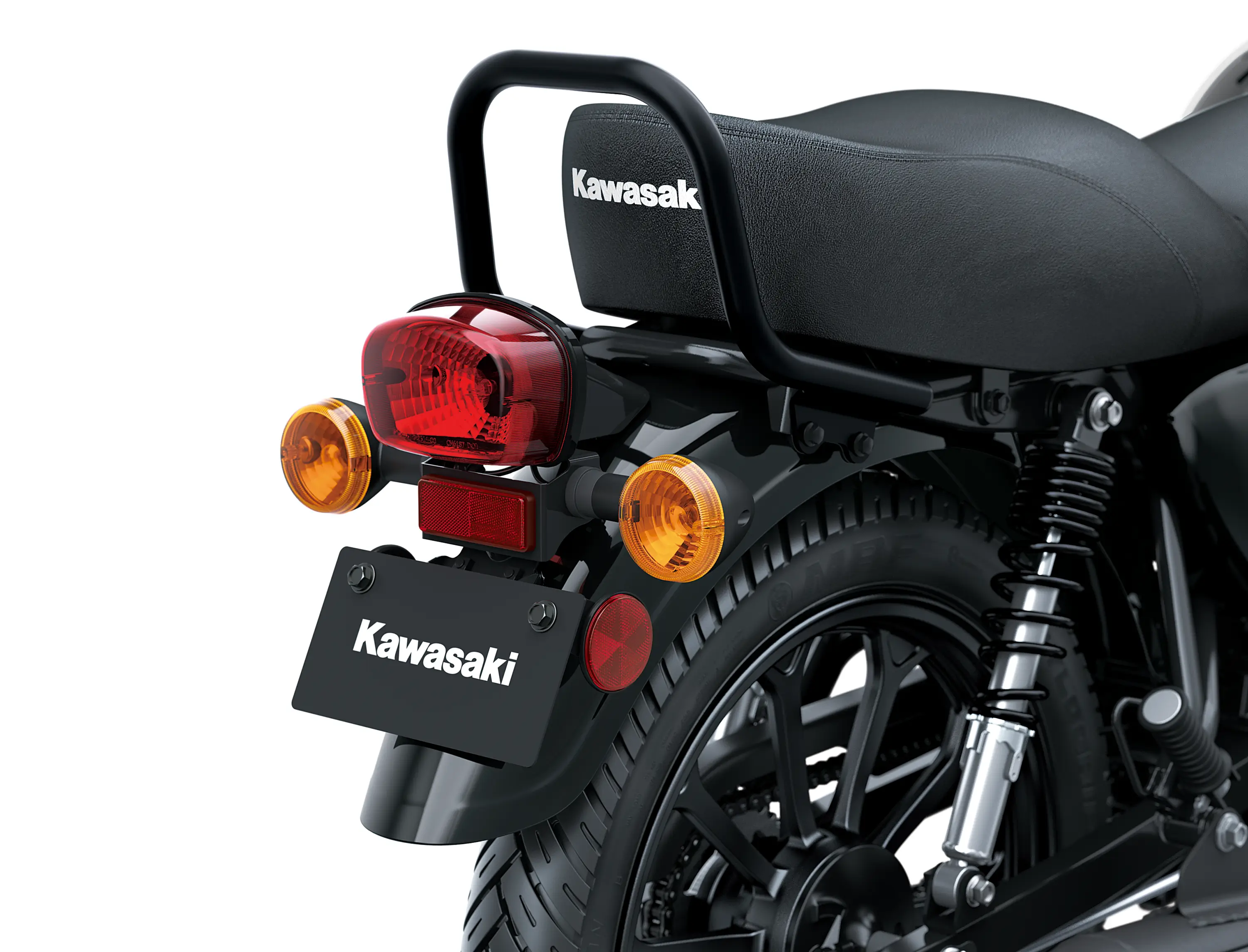 Close-up of the back end of a motorcycle staged in a white studio background.