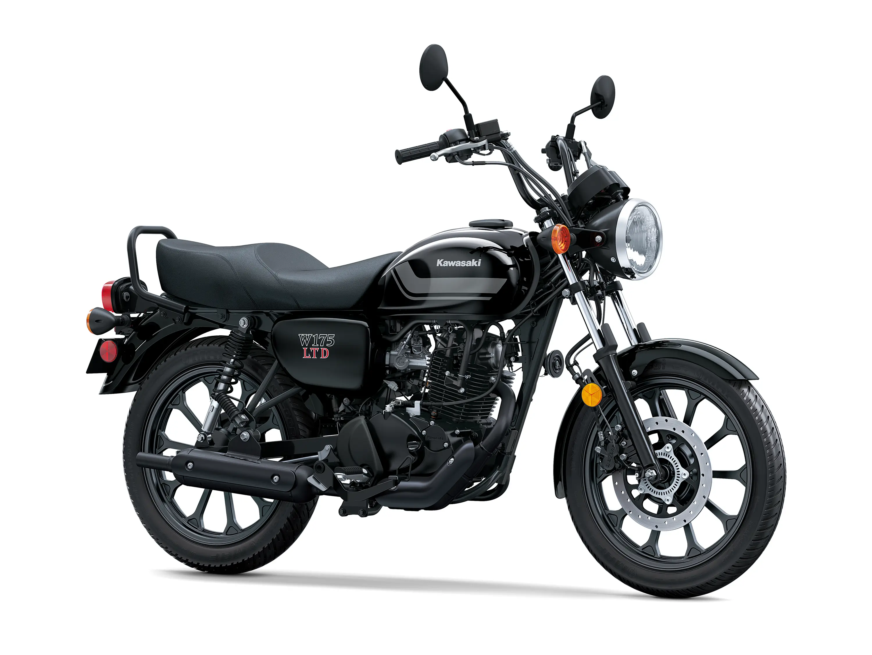Three-quarter front angle of a motorcycle staged in a white studio background.