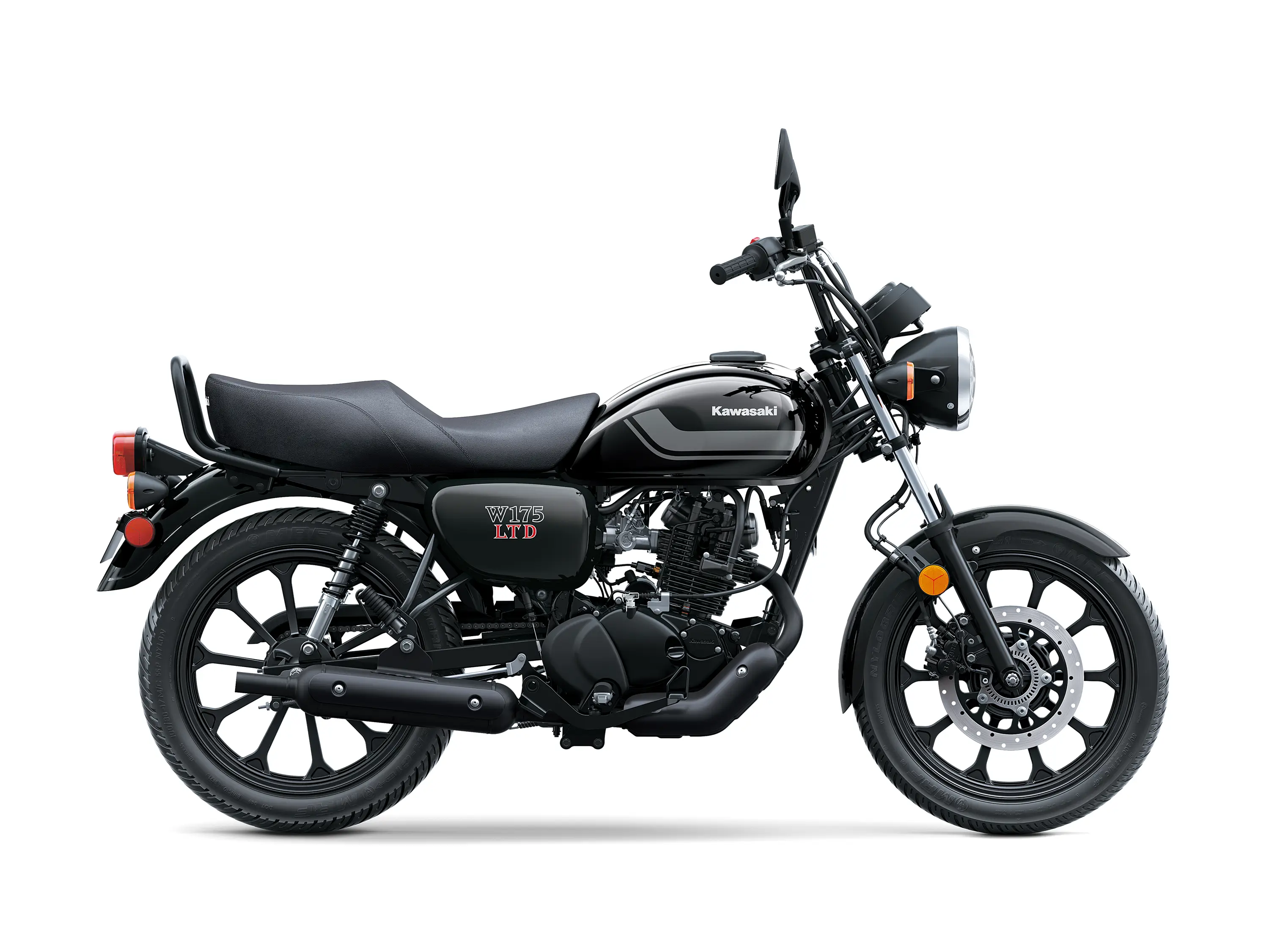 Profile angle of a motorcycle staged in a white studio background.