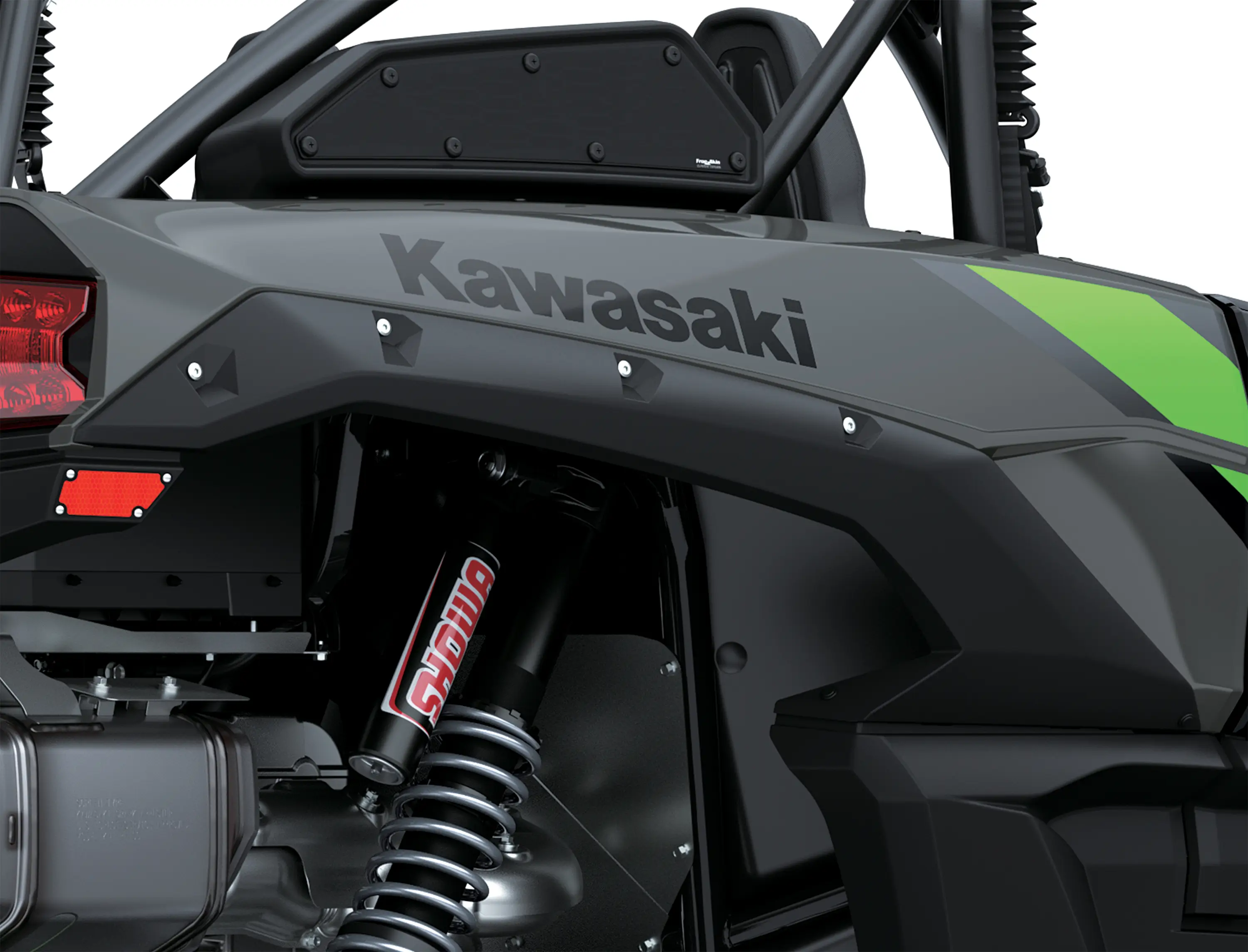 Close-up of the rear bodywork of a side x side staged in a white studio background.