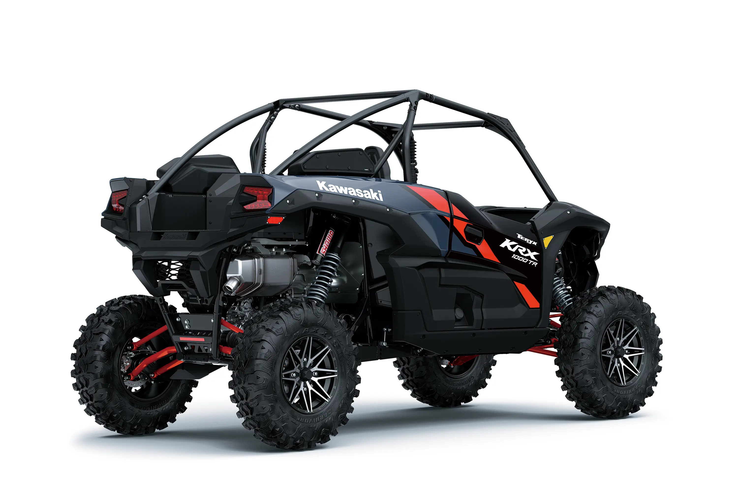 Three-quarter rear angle of an orange and blue side x side staged in a white studio background.