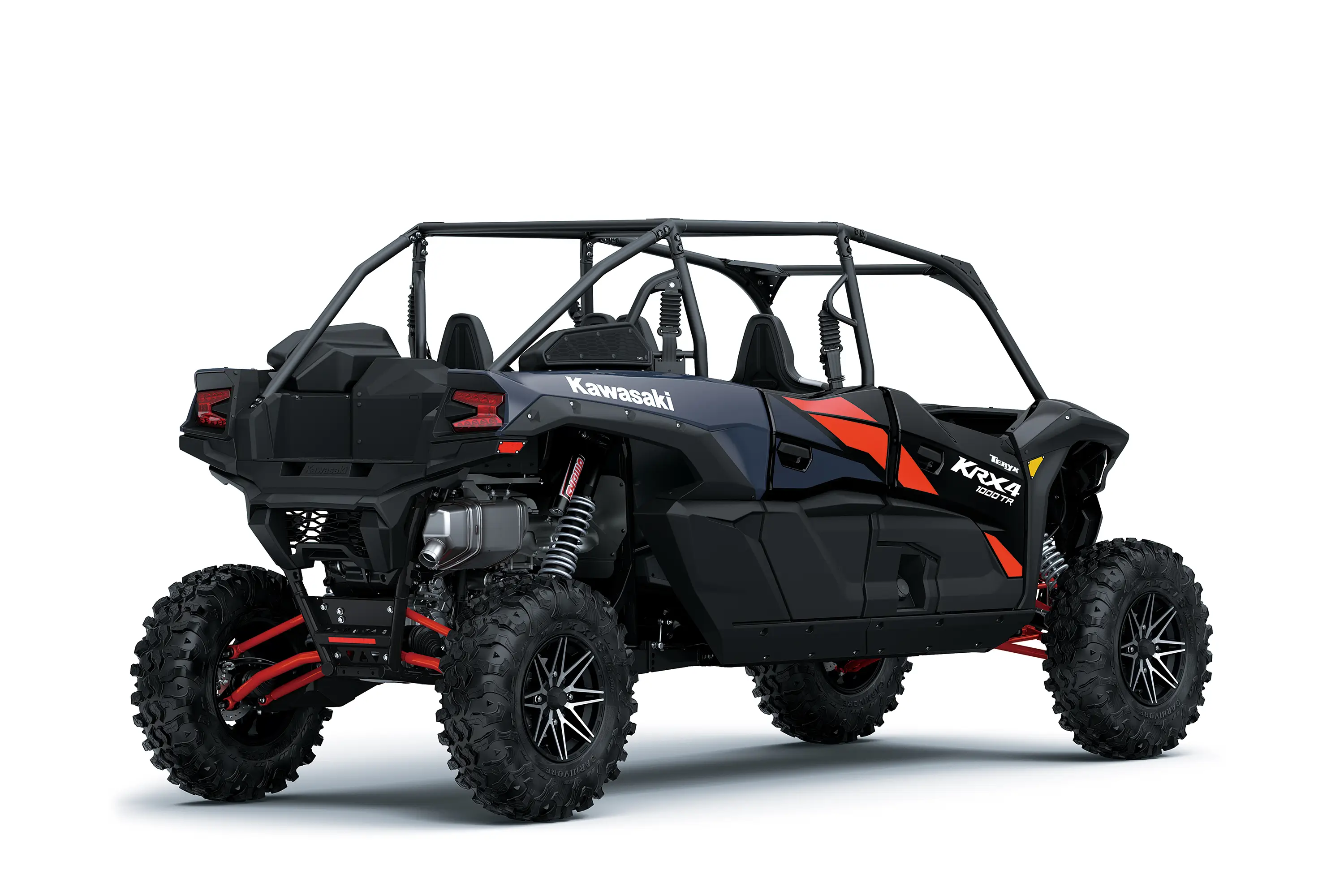 Three-quarter rear angle of an orange and blue side x side staged in a white studio background.